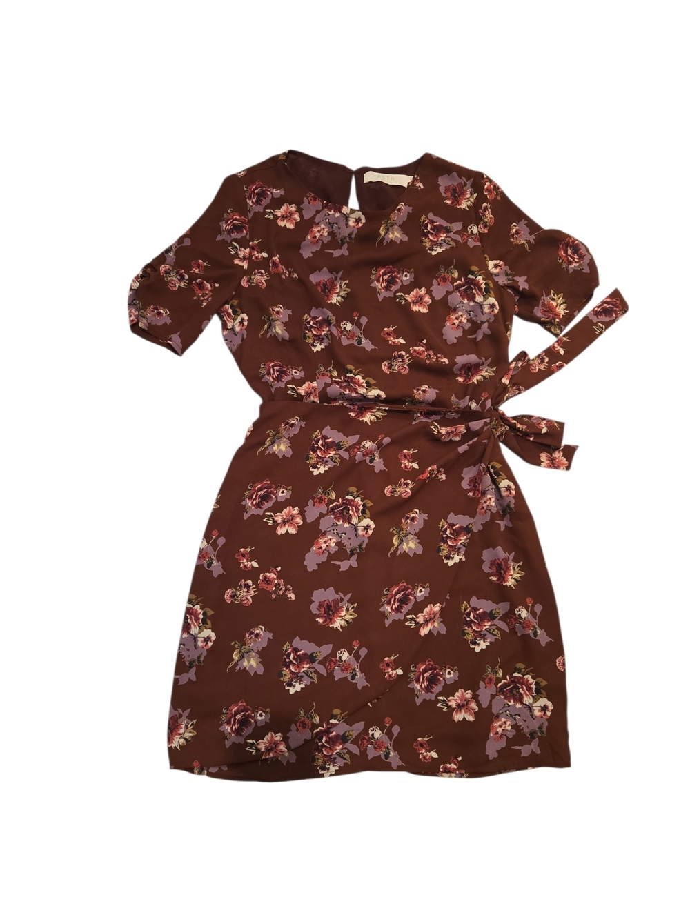 Astr Floral Tie-Waist Mini Dress in Brown with Purple & Pink Accents